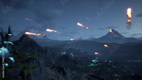 Sci-fi landscape with falling fireballs and glowing flora at night