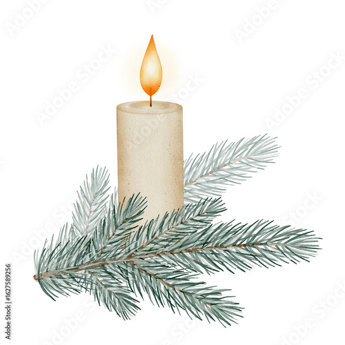 Watercolor drawing of spruce twig and burning candle. Hand-painted winter illustration in vintage style on white background. Ideal for holiday cards, packaging, invitations and seasonal decor.