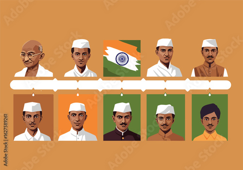 A timeline illustration featuring portraits of Mahatma Gandhi and other Indian freedom fighters and leaders alongside the national flag of India.