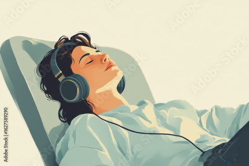 Person relaxing on a chair with headphones.