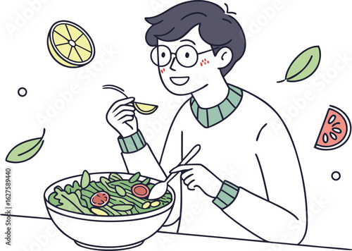 Young man happily eating a fresh healthy salad with fork and spoon surrounded by floating fruits and leaves