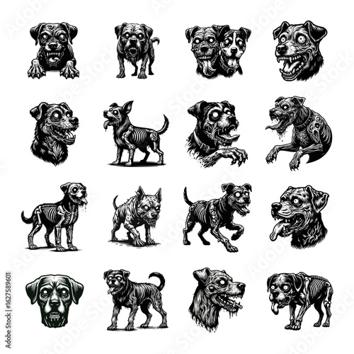 A collection of sixteen black and white illustrations depicting various breeds of dogs in a zombie or undead style, showcasing different poses and expressions.