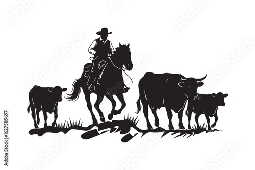Vector art of silhouette of a cowboy riding a horse herding cattle, isolated on white background, a classic western scene with a vintage feel isolated on white background