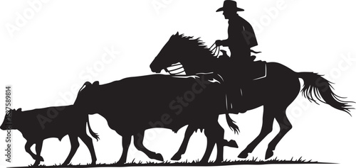 Vector art of silhouette of a cowboy riding a horse herding cattle, isolated on white background, a classic western scene with a vintage feel isolated on white background