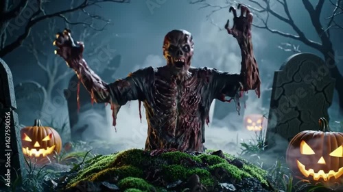 Undead creature rising from grave on halloween with pumpkins and tombstones