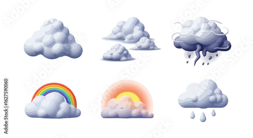 Stylized cloud illustrations with rainbow and sun elements for weather forecast concepts