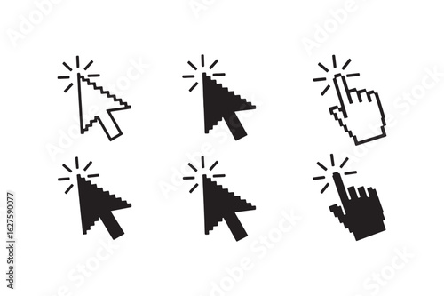 Vector art of collection of pixelated cursor icons, isolated on white background, representing various mouse pointers for digital interfaces and web navigation isolated on white background