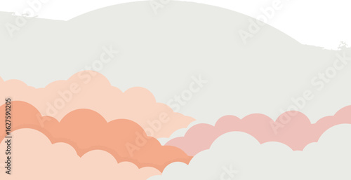 Pastel cloudscape with soft color gradients in a serene outdoor setting. Layers of stylized clouds in various shades of peach, pink, and white create a gentle, peaceful ambiance.