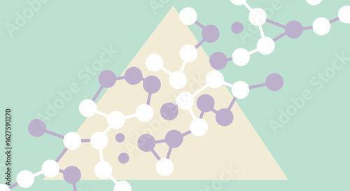 Abstract molecule illustration with pastel colors in a geometric background. Simple, visually appealing design with a muted color palette and a modern style.