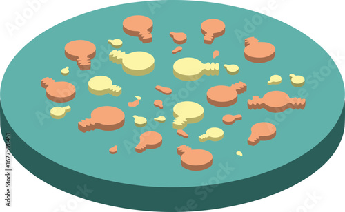 Abstract illustration of multiple, stylized, 3D shapes, in pastel orange and yellow, arranged on a teal surface. Geometric shapes with a light, airy feel.