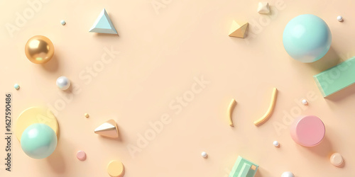 A playful arrangement of pastel geometric shapes floats on a light peach background