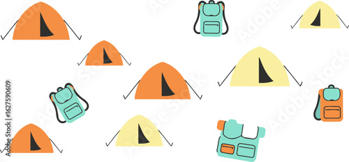 Camping equipment pattern with tents and backpacks on a teal background. Flat design icons showing a variety of camping gear in a fun, repetitive pattern.