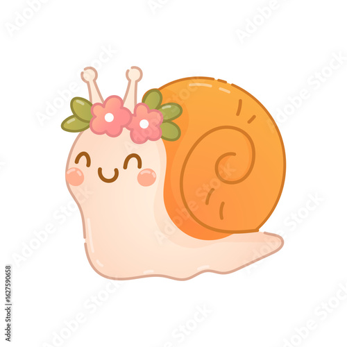 Cute snail with flower crown smiling softly