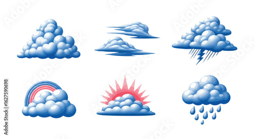 Stylized cloud illustrations with weather elements against white backdrop