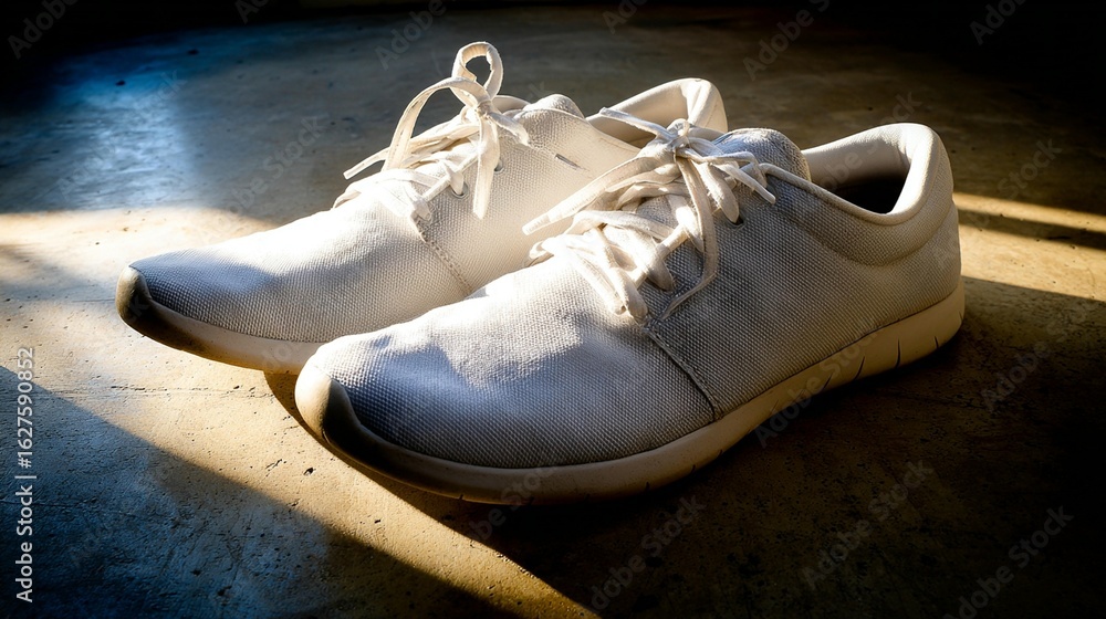 Naklejka premium Pair of white sneakers displayed under strong light