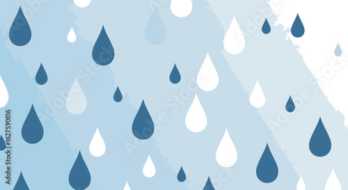Rain drops in a soft light blue gradient background. Simple, symmetrical water droplets in varying shades of blue and white.