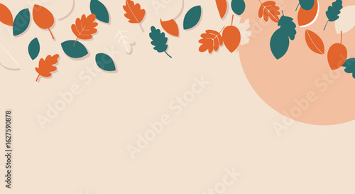 Autumnal leaf design with various shades of orange, green, and cream. Falling leaves in a soft, pastel color palette against a light beige background with a muted peach circle.
