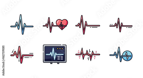 Stylized ecg waveforms in various designs for medical and healthcare concepts