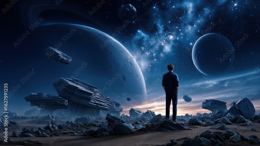 Obraz premium A lone figure stands in awe of a breathtaking cosmic landscape, full of planets.