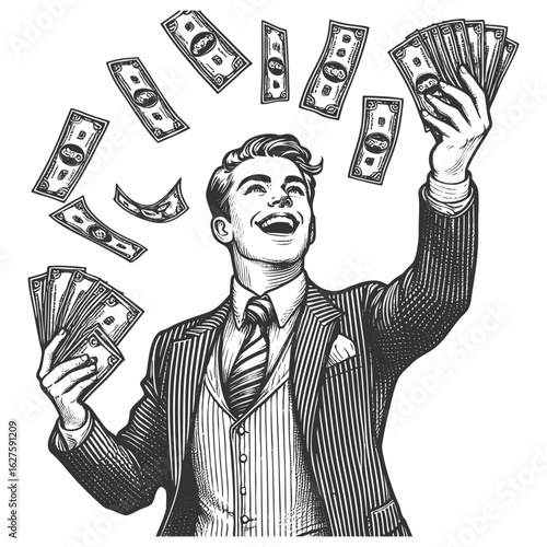 happy man in a suit holding cash and laughing as money falls around him, symbolizing wealth sketch engraving generative ai fictional character vector illustration. Scratch board. Black and white image