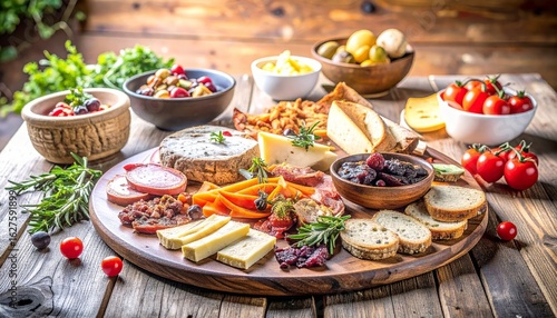 Hearty vegetarian cheese platter featuring fresh and pickled vegetables with sliced bread for a gathering
