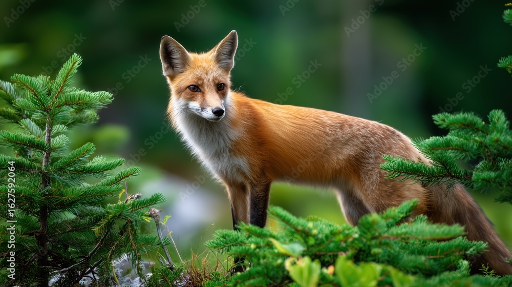 Fototapeta premium A stunning red fox in its natural habitat, surrounded by lush greenery.