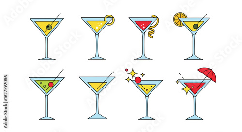 Stylized martini cocktails collection with various garnishes illustration