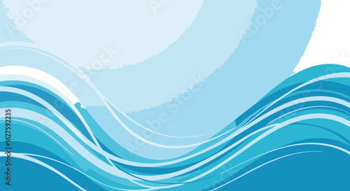 Abstract blue and white wavy design with soft transitions. Dynamic flowing lines create a visually appealing background. Abstract design for use in presentations or digital media.