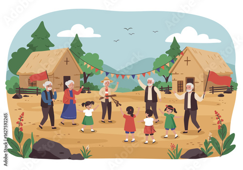 A joyful community gathering featuring elderly people and children celebrating outdoors between traditional houses adorned with colorful bunting.