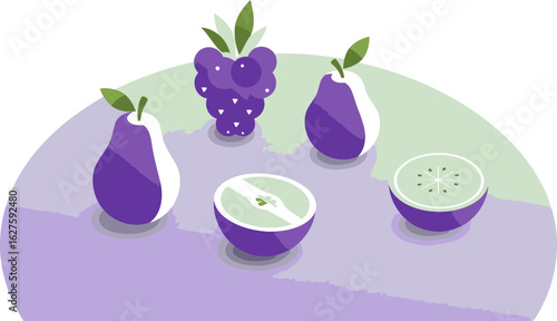 Colorful fruit arrangement in 3D isometric style. Fresh pears, grapes, berries, and kiwi slice displayed on a soft purple background.