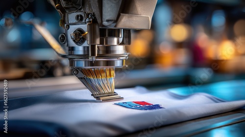 An embroidery machine meticulously creating a detailed design on white fabric, perfect for textile production.