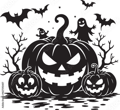 Spooky Halloween pumpkins, ghosts, and bats for festive design