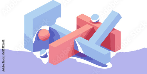 Abstract geometric shapes in light blue and coral hues arranged in an overlapping and interconnected fashion on a light purple background. Interlocking shapes with a minimal design.