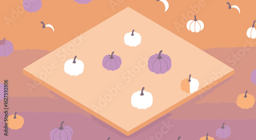 Pumpkin pattern on a pastel colored geometric background. Orange and purple pumpkins float in a modern display against an ombre background of peach and mauve tones.