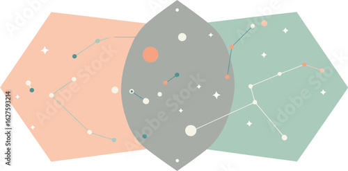 Abstract celestial design featuring overlapping shapes of various pastel colors. Geometric shapes connect points of light in a cosmic pattern, creating a visually engaging background.