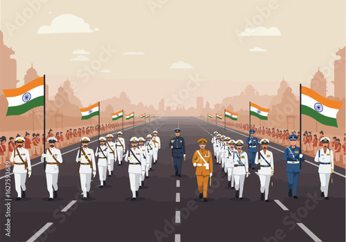 A vibrant illustration depicts a military parade with Indian flags, soldiers marching on a grand boulevard.