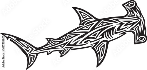Vector art of hammerhead shark with tribal pattern isolated on white background marine animal predator with unique design vector illustration of wildlife isolated on white background
