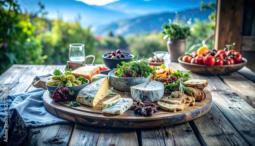 Hearty vegetarian cheese platter featuring fresh and pickled vegetables with sliced bread for a gathering