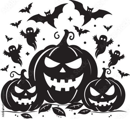 Spooky Halloween pumpkins, ghosts, and bats create festive frights