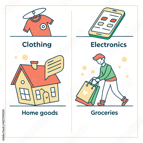 Illustration of clothing electronics home goods and groceries represented by associated images and text labels