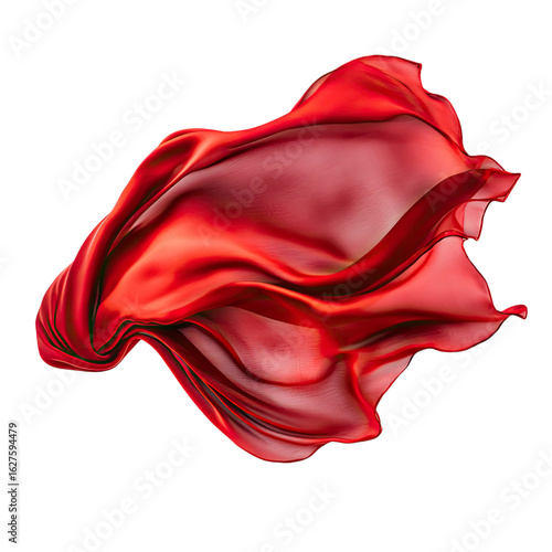 A red silk scarf floating in the air, against a white background, in a simple and elegant style. High-resolution product photography