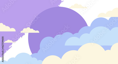 Purple and blue sky with clouds, simple and pastel. Colorful, layered design, perfect for a children's book cover. No people, no objects, simple, flat design.