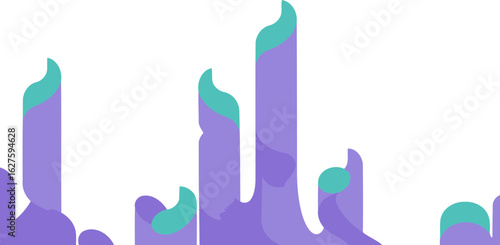 Abstract forms in pastel hues with a soft, muted background. Geometric shapes in shades of purple and teal against a peach-orange backdrop.