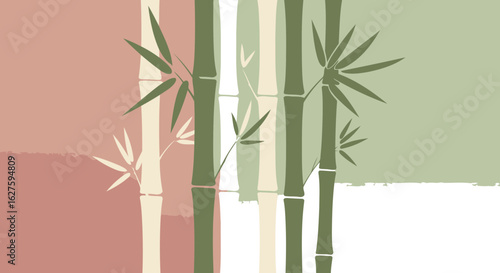 Silhouettes of bamboo stalks, varying in shades of muted greens and creams, against a gradient background.
