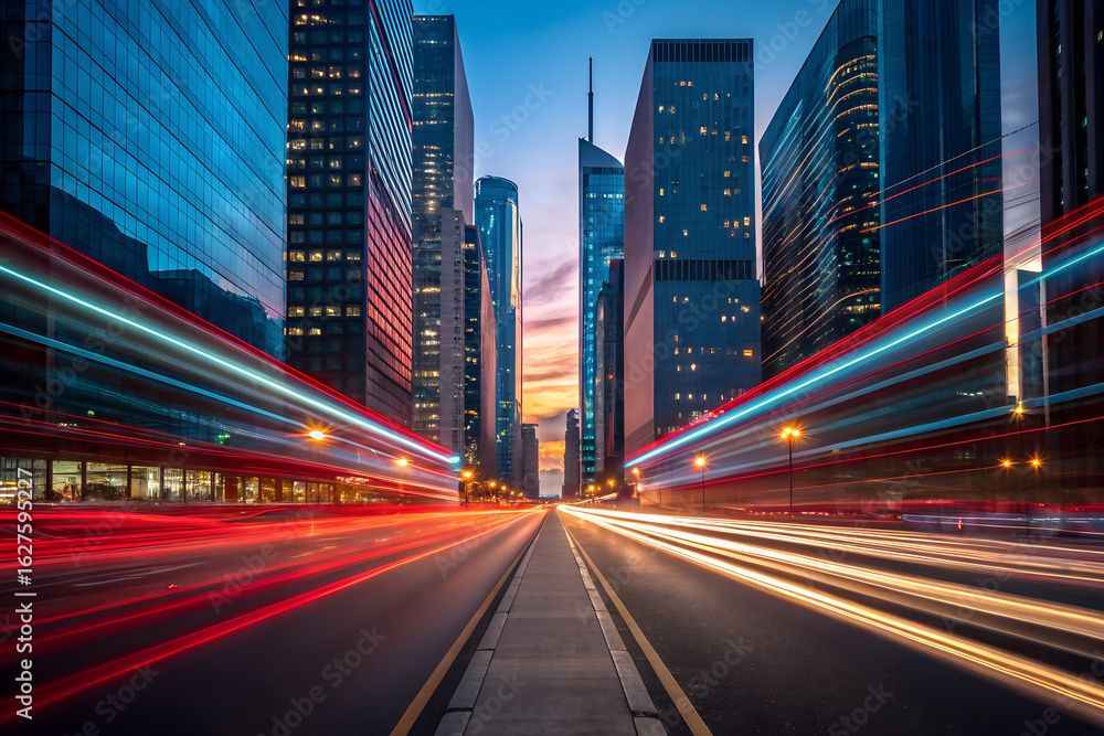 Fototapeta premium Dynamic Cityscape at Dusk with Light Trails – Urban Speed and Motion
