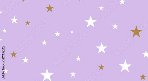 Lilac backdrop with scattered white and gold stars. Abstract pattern with no specific action or pose.
