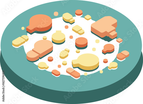 Abstract geometric shapes in varying pastel colors arranged on a teal surface. Colorful shapes displayed in a 3D isometric style on a circular platform.