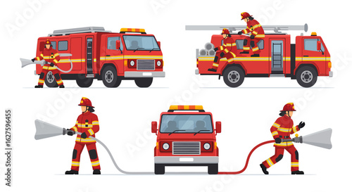 A collection of heroic firefighters and their emergency response vehicle, showcasing teamwork and public safety service.