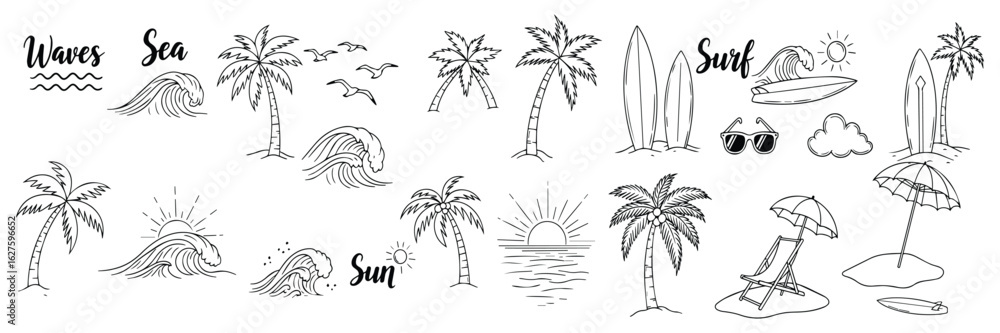 Fototapeta premium Summer Vacation Doodle Set Palm Trees, Surfboards, Waves & Beach Elements