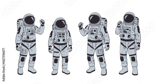 Set of four astronauts in spacesuits standing in different poses. Vector illustration of a space exploration crew concept.